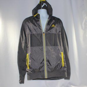 Adidas lightweight jacket - drk gry w/bright yellow safety trim and hood, 2 open